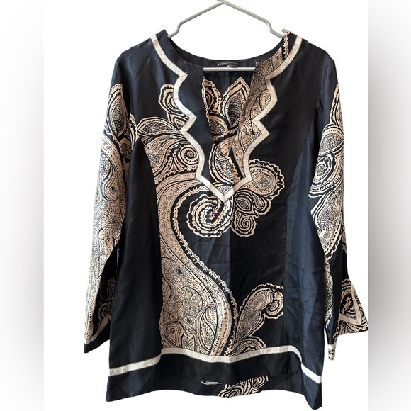 BCBG Max Azria 100% Silk Tunic Black Tan Paisley, Size Medium - Picture 1 of 7